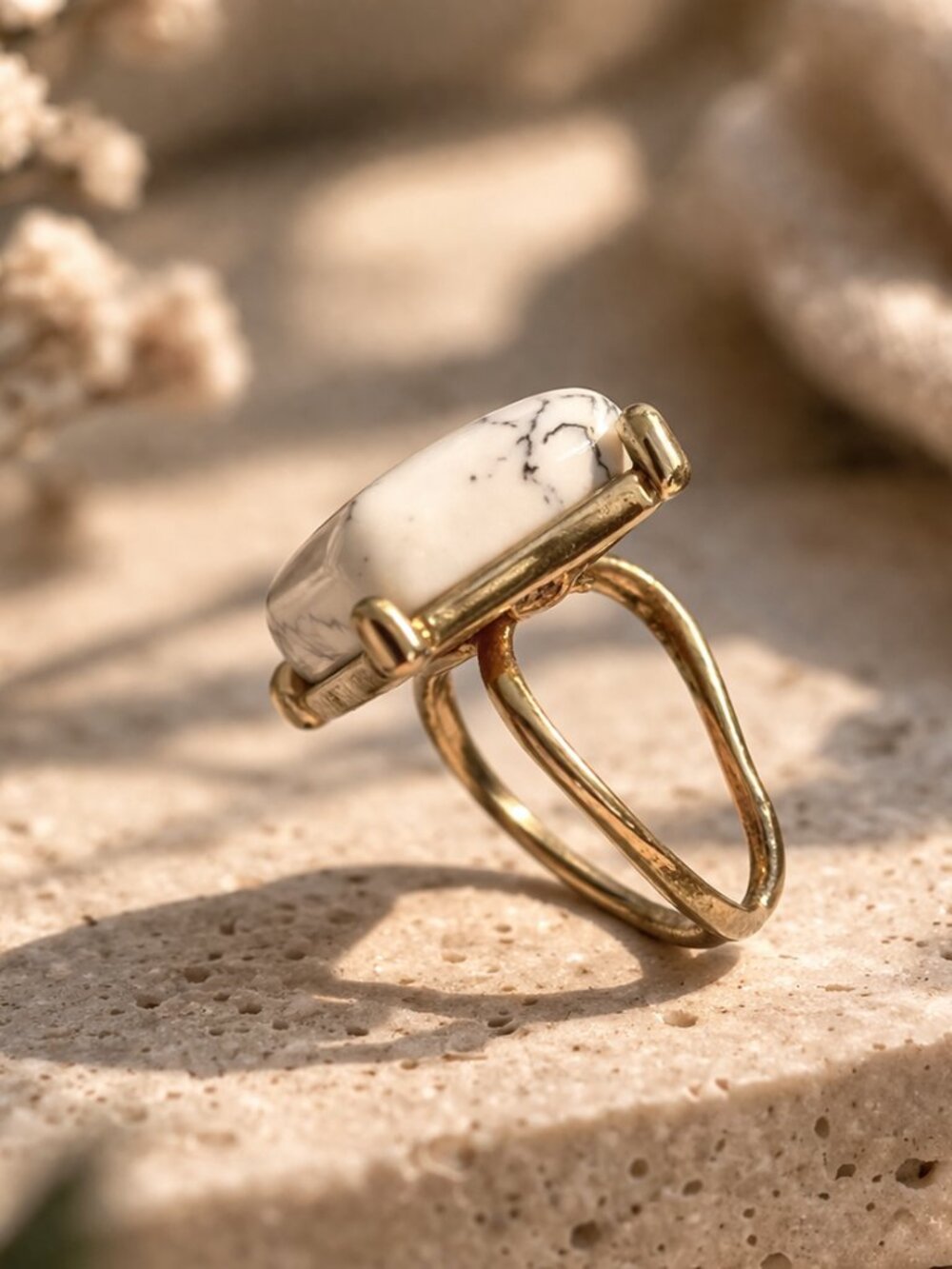 Rectangular White Howlite Ring in a Gold Setting | Sz 7.5